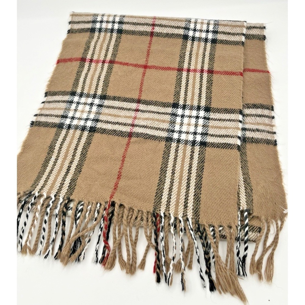 100% Cashmere Scarf Beige Check Plaid Long Rectangular Unisex Winter Luxury